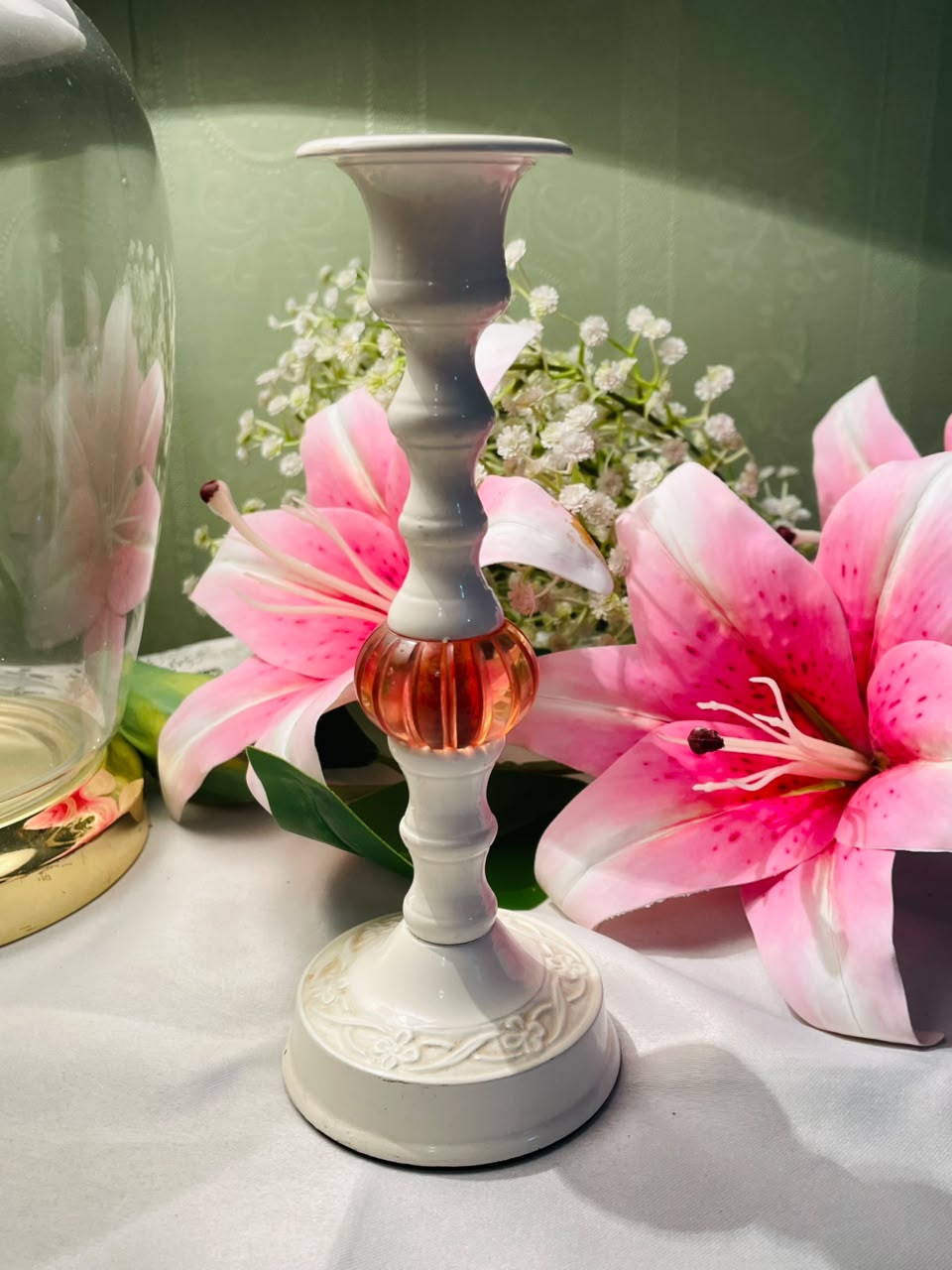 White Candle Holder with Amber Crystal Accent Approx. 18 cm