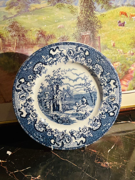 avon cottage plate, staffordshire england dinnerware, blue and white ceramic plate, vintage english pottery, blue transferware england, english cottage plate, heritage british china, collectible dinner plate, rare thrift finds, european vintage decor, sunset kitchen vintage collection