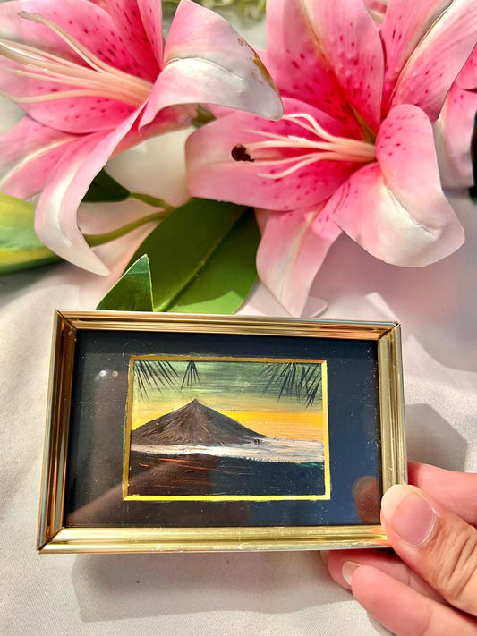 Miniature Seaside Mountain Landscape Painting – Gold Frame, 5 Inches