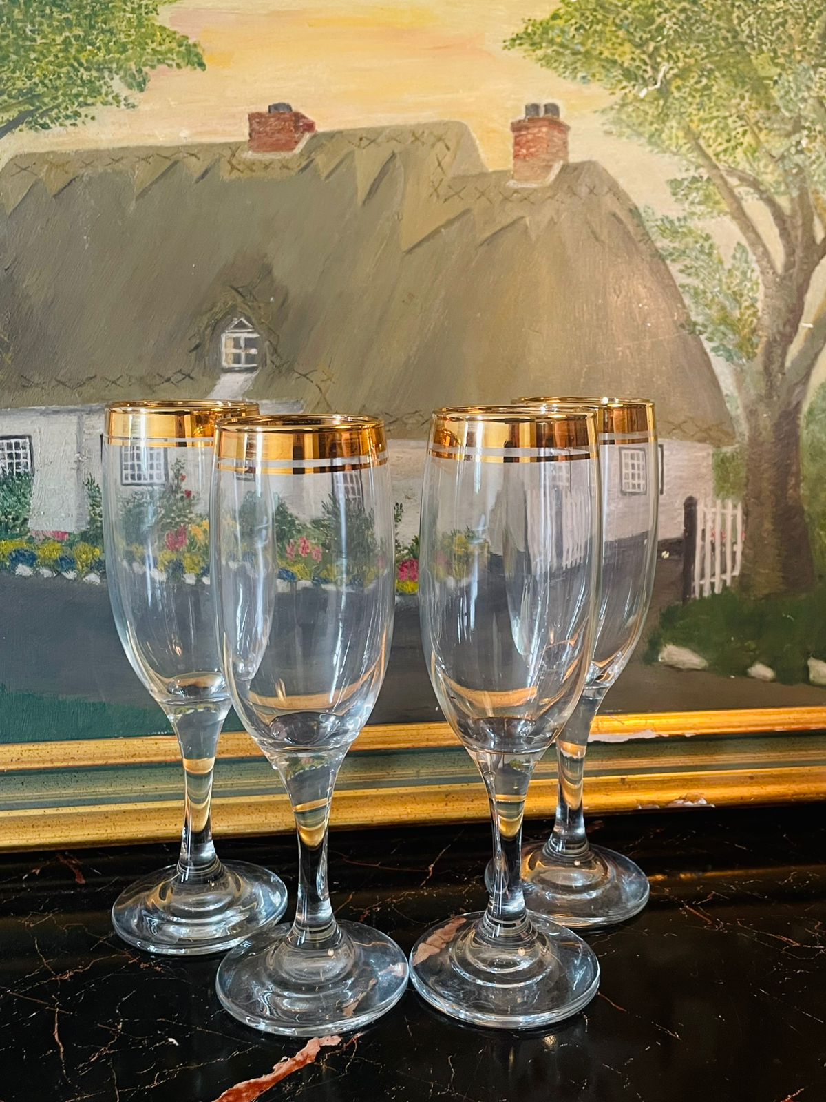 Set of 4 Vintage Gold Rim Champagne Flutes – Classic European Glass with Stems