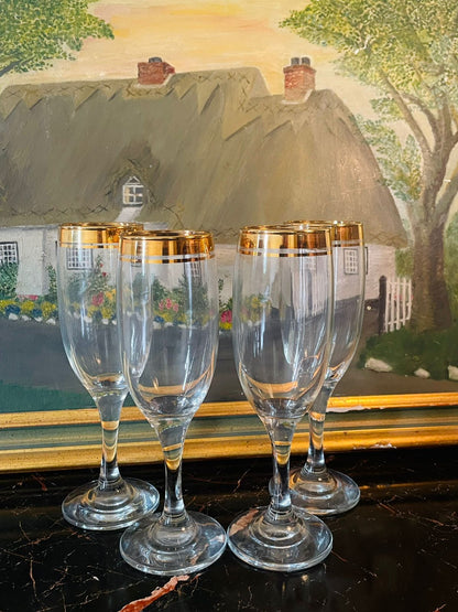 Set of 4 Vintage Gold Rim Champagne Flutes – Classic European Glass with Stems