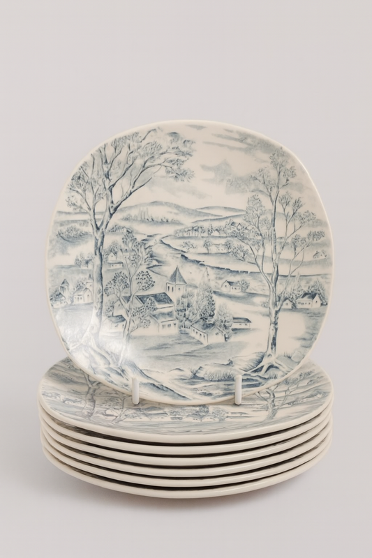Set of 6 Scarce Vintage Midwinter Fashion Style 'Happy Valley' Blue & White Ironstone Quarter Plates
