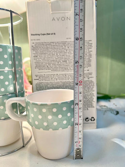 Avon Stacking Cups Set of 4 Mint Polka Dot with Stand