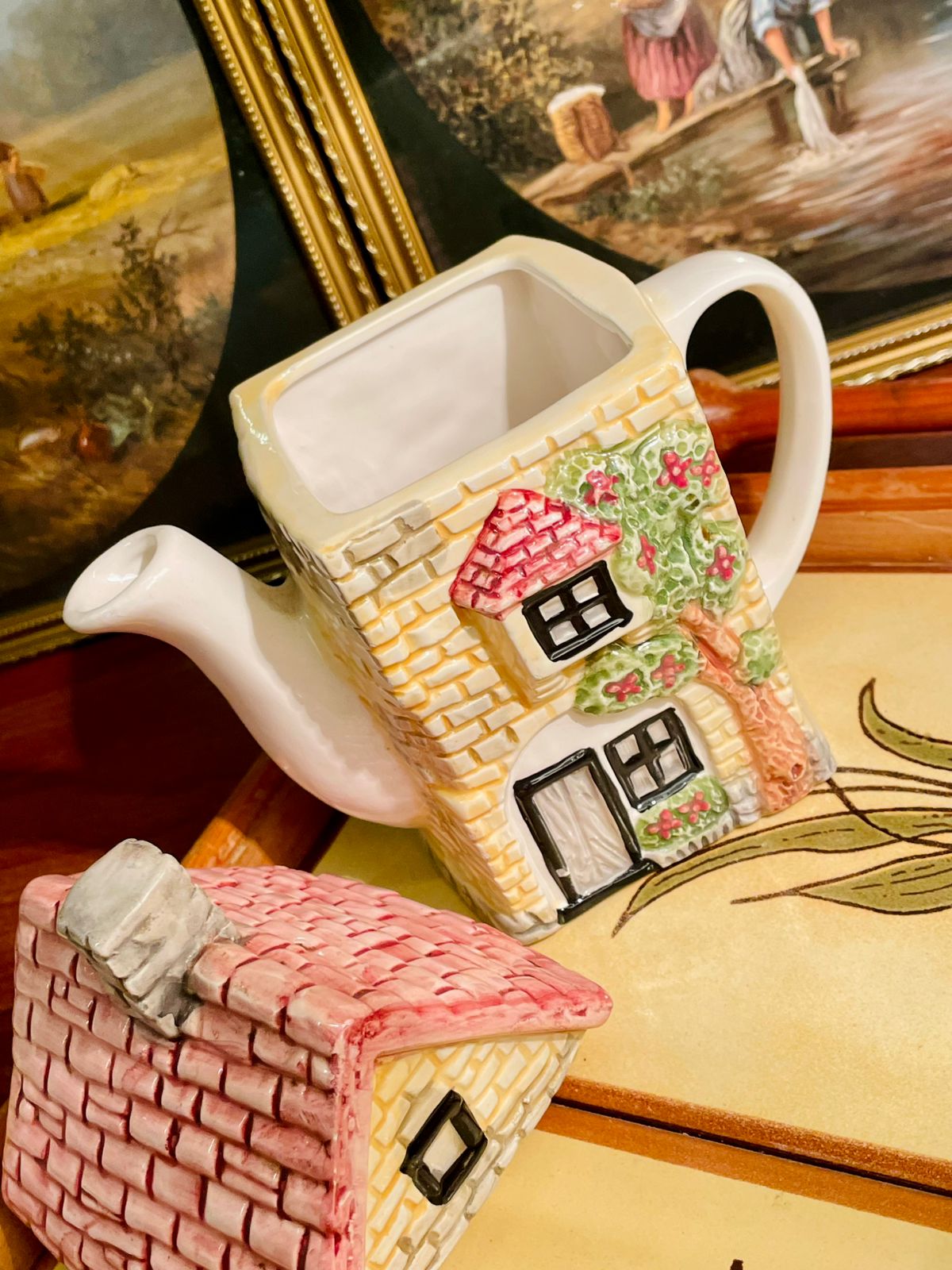 Vintage Cottage House Ceramic Teapot – Hand-Painted Floral Windows