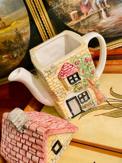 Vintage Cottage House Ceramic Teapot – Hand-Painted Floral Windows