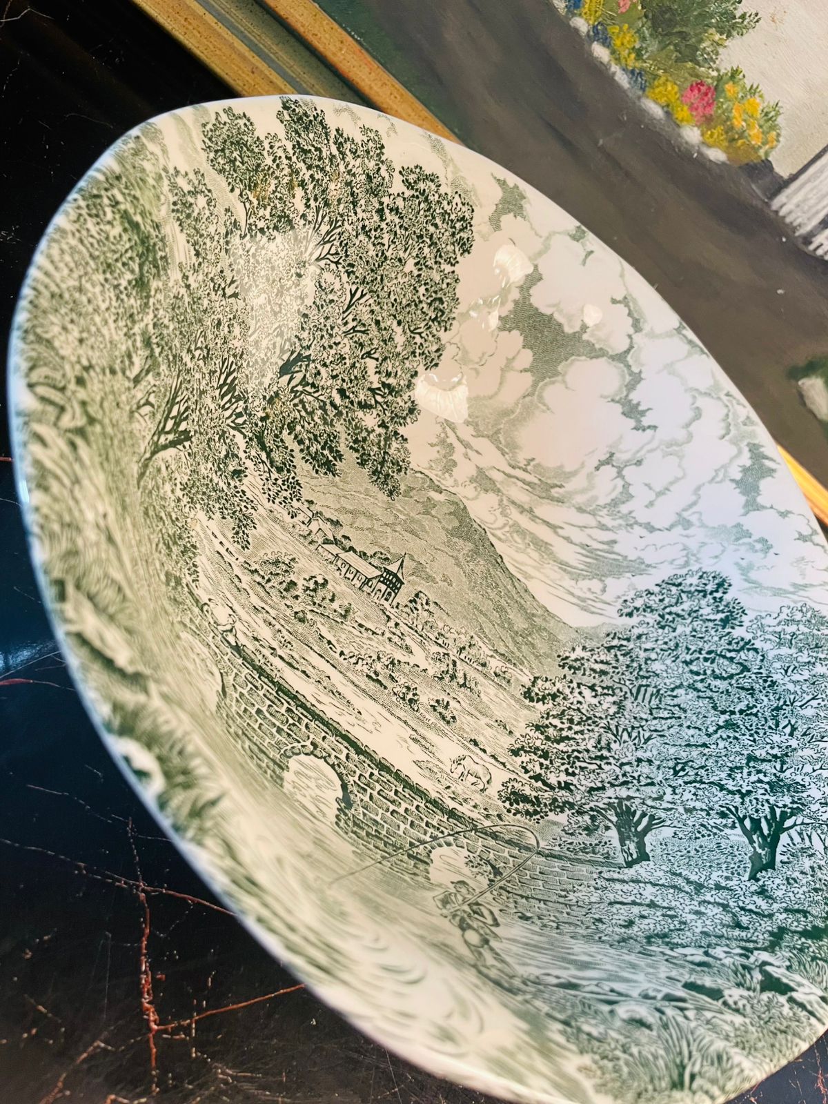 Brownhills Ducoal “Bridge Scenes” Green Transferware Bowl – England – 9.5 Inches