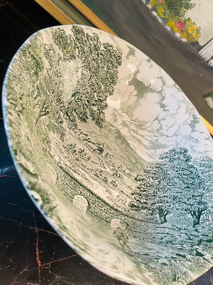 Brownhills Ducoal “Bridge Scenes” Green Transferware Bowl – England – 9.5 Inches