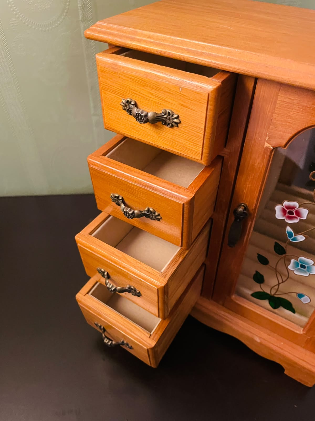 Vintage Wooden Jewelry Box Cabinet with Floral Glass Door