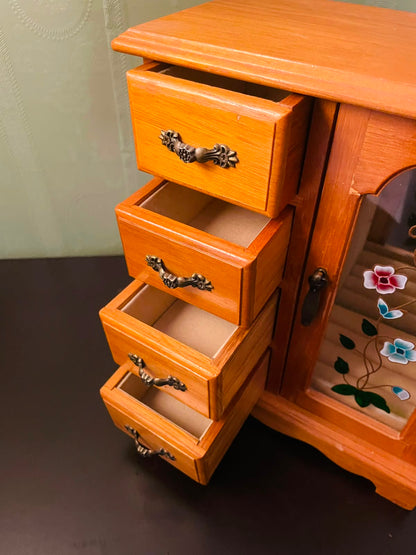 Vintage Wooden Jewelry Box Cabinet with Floral Glass Door