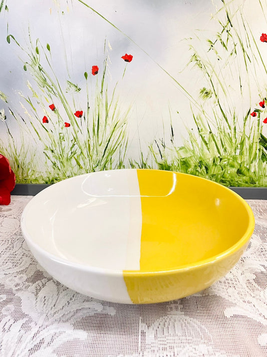 Lunar Yellow White Ceramic Serving Bowl 9.5 inch