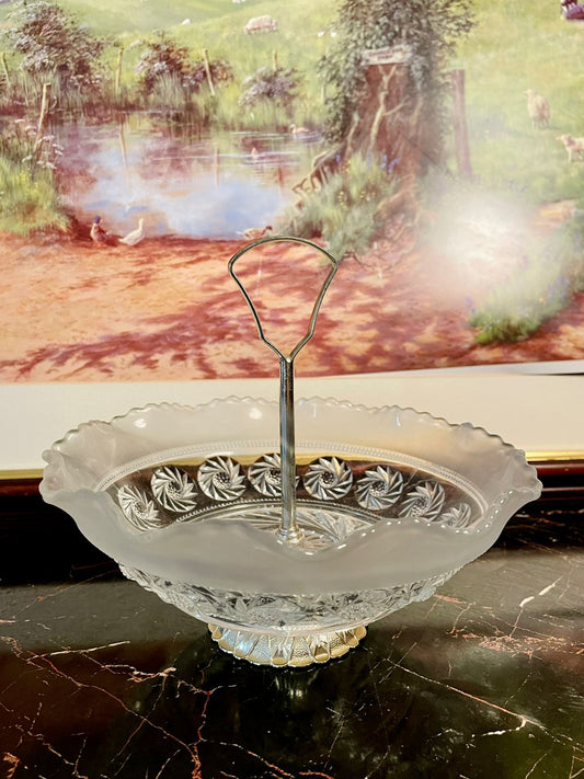 Vintage England Crystal Glass Dessert / Fruit Stand – Frosted & Cut Glass with Handle