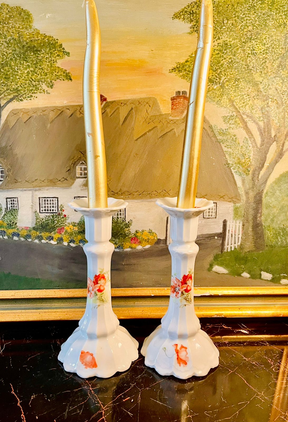 Pair of Vintage Porcelain Floral Candlestick Holders – Hand Painted White & Red Rose Design