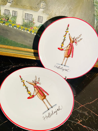 christmas plates, reindeer dinner plates, festive porcelain plates, holiday dining set, ceramic christmas plate, red rim porcelain dish, hallelujah plate, holiday tableware, christmas dinnerware, reindeer design plate, decorative kitchenware
