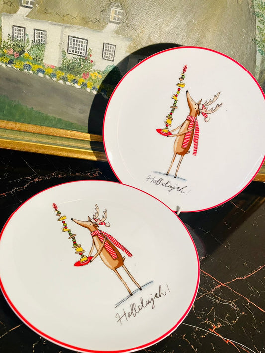 christmas plates, reindeer dinner plates, festive porcelain plates, holiday dining set, ceramic christmas plate, red rim porcelain dish, hallelujah plate, holiday tableware, christmas dinnerware, reindeer design plate, decorative kitchenware

