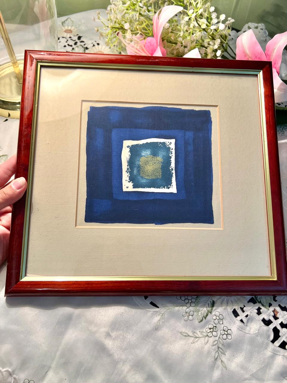 Blue Abstract Framed Art in Wood-Tone Frame 12"