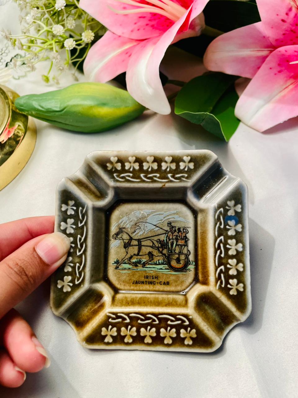 Brown Ceramic Decorative Ashtray with Raised Floral Detail 4 in