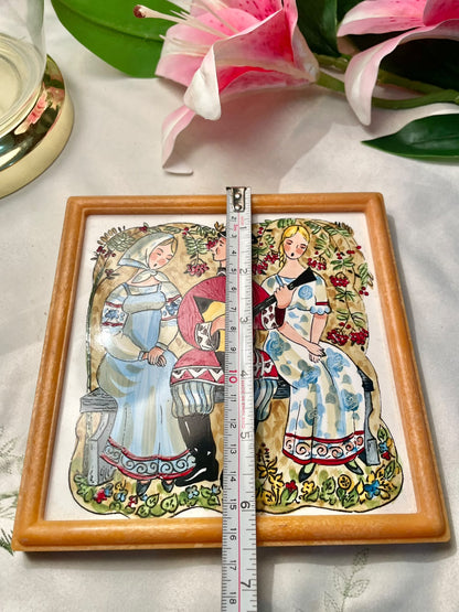 vintage Soviet-era hand-painted ceramic tile featuring traditional Russian musical folk art