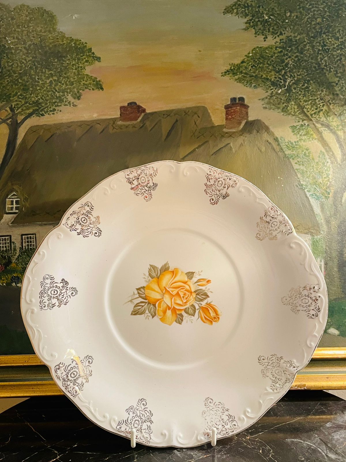 Vintage Cake Plate Yellow Roses, Crown Staffordshire Ceramic England
