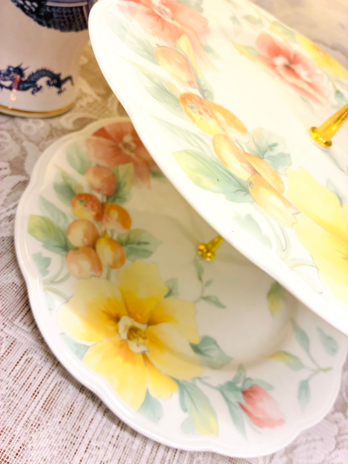 Floral Two-Tiered Cake Stand – Porcelain with Yellow & Pink Flower Design