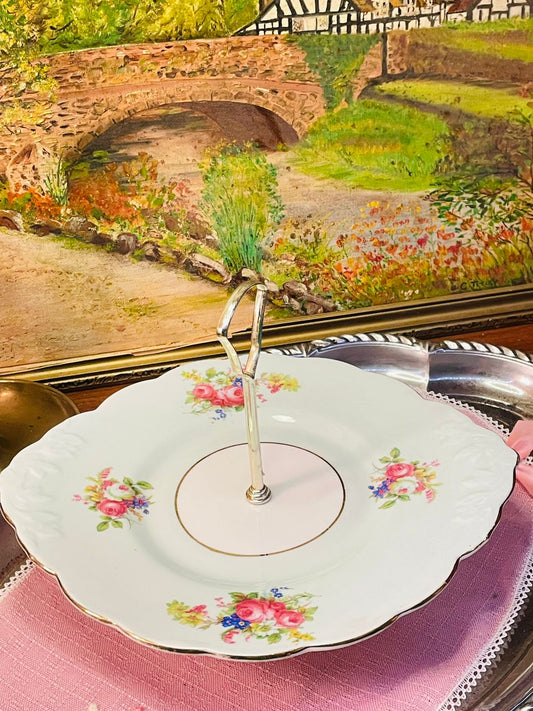 Victorian Floral One-Tier Pastry Platter with Stand – Vintage England Bone China