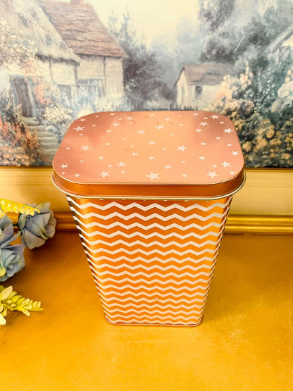Vintage Chevron Pattern Metal Storage Tin with Lid