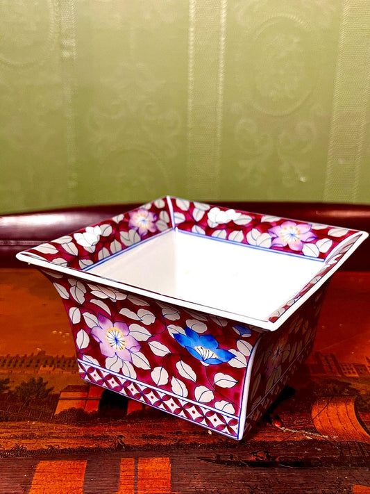 Vintage Floral Square Ceramic Bowl | Decorative Trinket Bowl | 4.5 Inch