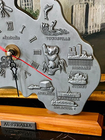 Australia Map Souvenir Table Clock – Roman Numerals | Silver Tone | Collectible Decor