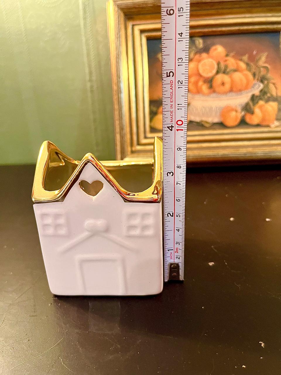 White Ceramic House Tealight Holder with Gold Trim – 4 Inch