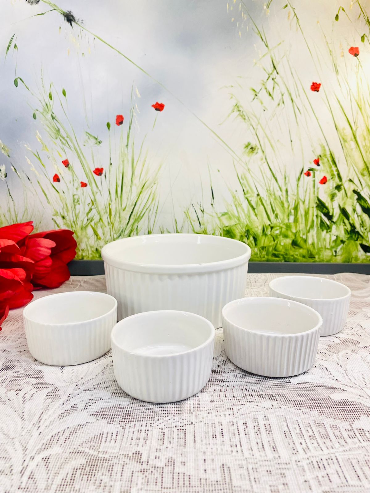 Vintage White Ribbed Ceramic Ramekin Bowl Set