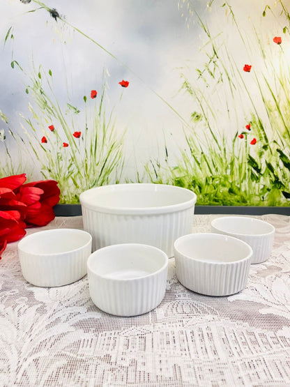 Vintage White Ribbed Ceramic Ramekin Bowl Set
