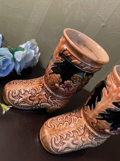Vintage Ceramic Boot Vases Pair with Cottage Scene