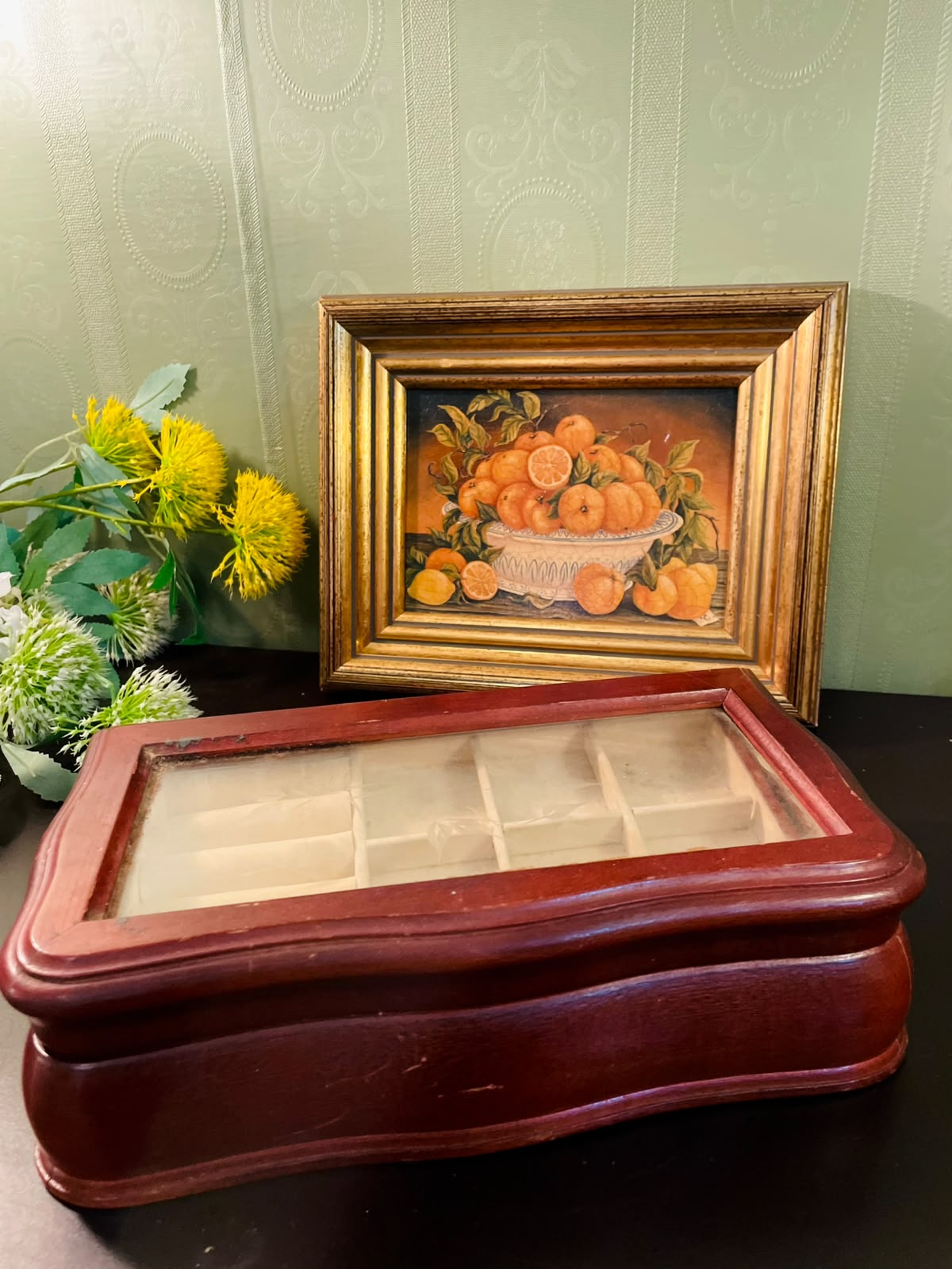 Vintage Wooden Glass Top Jewelry Box 4" Tall Display Storage Case