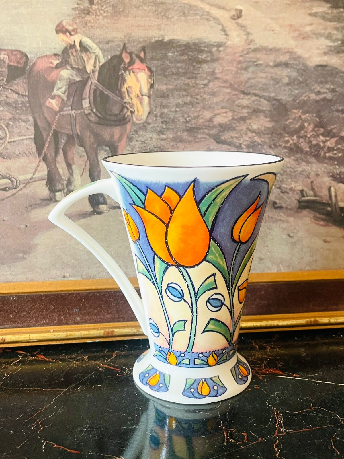 cathedral fine bone china mug, island tulip mug england, art nouveau floral mug, collectible bone china england, english fine bone china tea mug, cathedral mug orange tulip, modern vintage bone china, english pottery mug pakistan, bold color floral mug, art deco collectible mug, vintage bone china coffee mug, cathedral england mug, floral bone china decor piece, rare thrift mug pakistan, art style collectible crockery