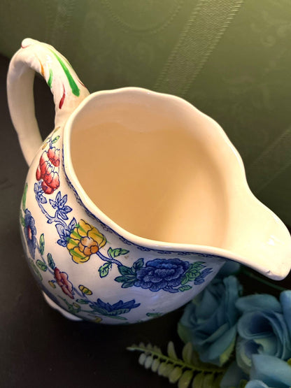 Vintage Chinoiserie Floral Jug Blue Ceramic Pitcher
