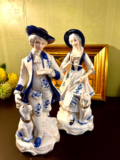 Vintage Blue & White Porcelain Figurine Pair with Dogs – 10 Inch