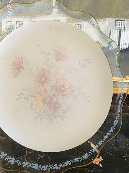 Vintage Hand-Painted Floral Glass Plate – Blue Leaf Border & Gold Trim, Scalloped Edge