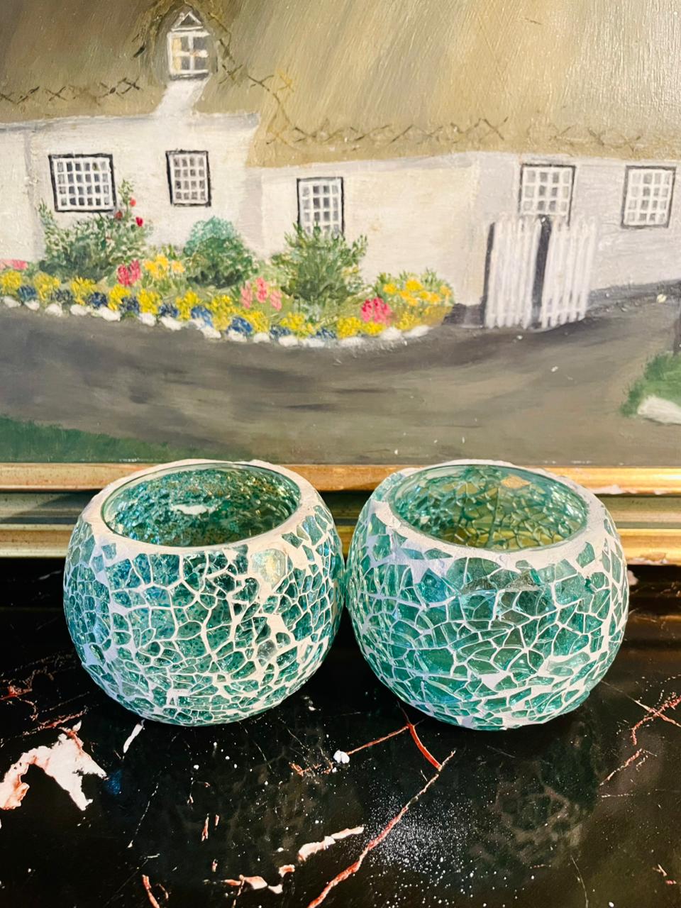 Mosaic Glass Tealight Candle Holder – Cracked Glass Round Bowl Design (Turquoise)