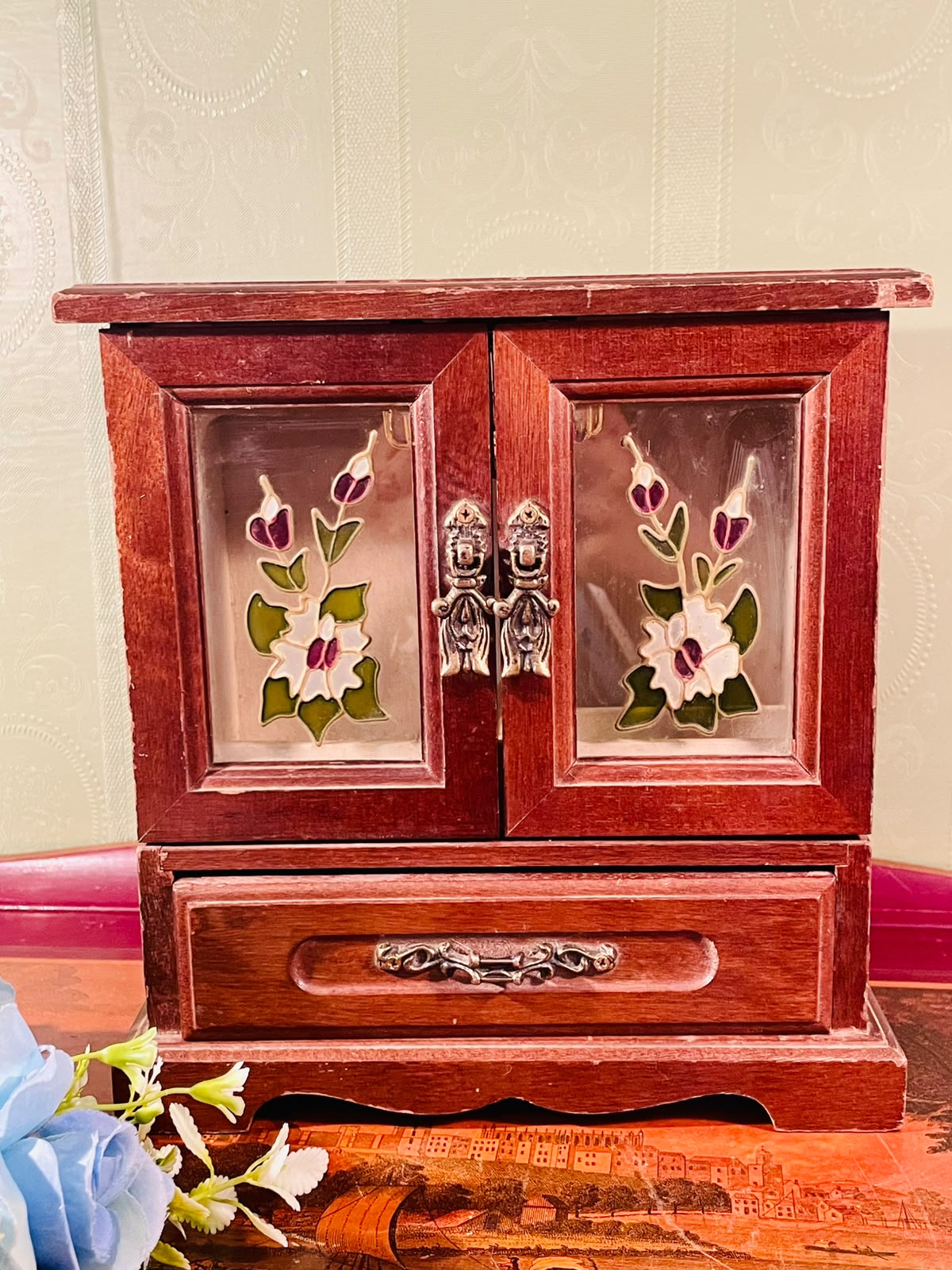 Wooden Jewellery Box with Floral Crystal Panels – 9 Inch