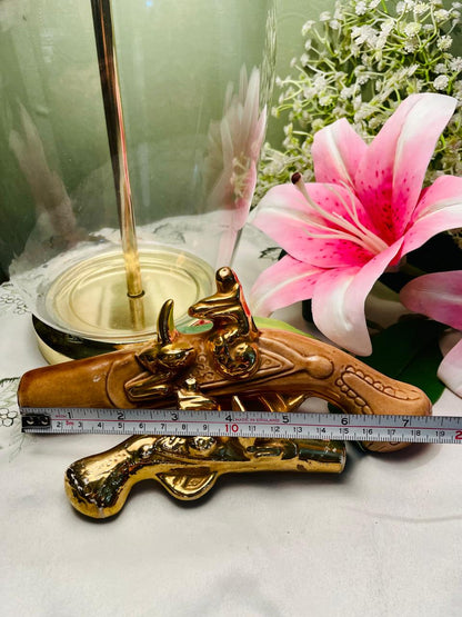 Vintage-Style Ceramic Flintlock Pistol Ornaments – Set of 2, Gold & Brown