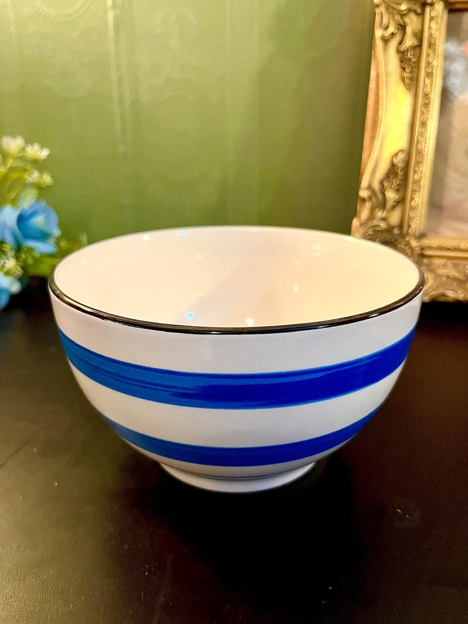 Vintage Grey Stripe Ceramic Serving Bowl 5 Inch