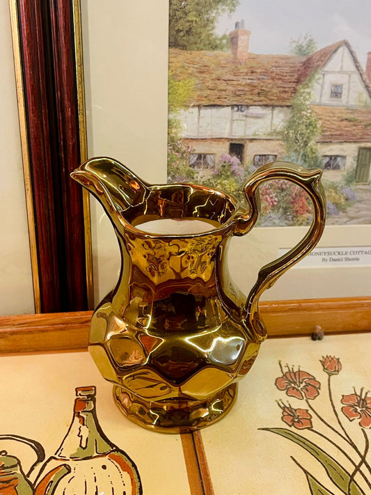 

vintage pitcher, gold jug, Wade England, lustreware, gold vase, collectible pottery, English pitcher, floral jug, vase décor, home décor Pakistan, vintage home décor, gold pitcher, Wade collectible, English pottery