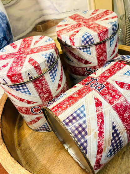 Vintage Union Jack Tea Coffee Sugar Tin Canister Set — England Style