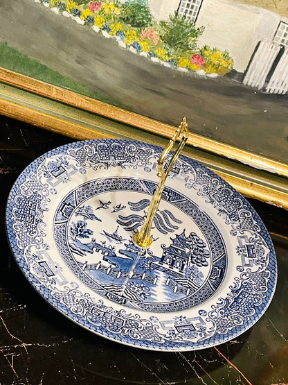 Old Willow Blue & White Cake Stand – Hand Engraved Fine England