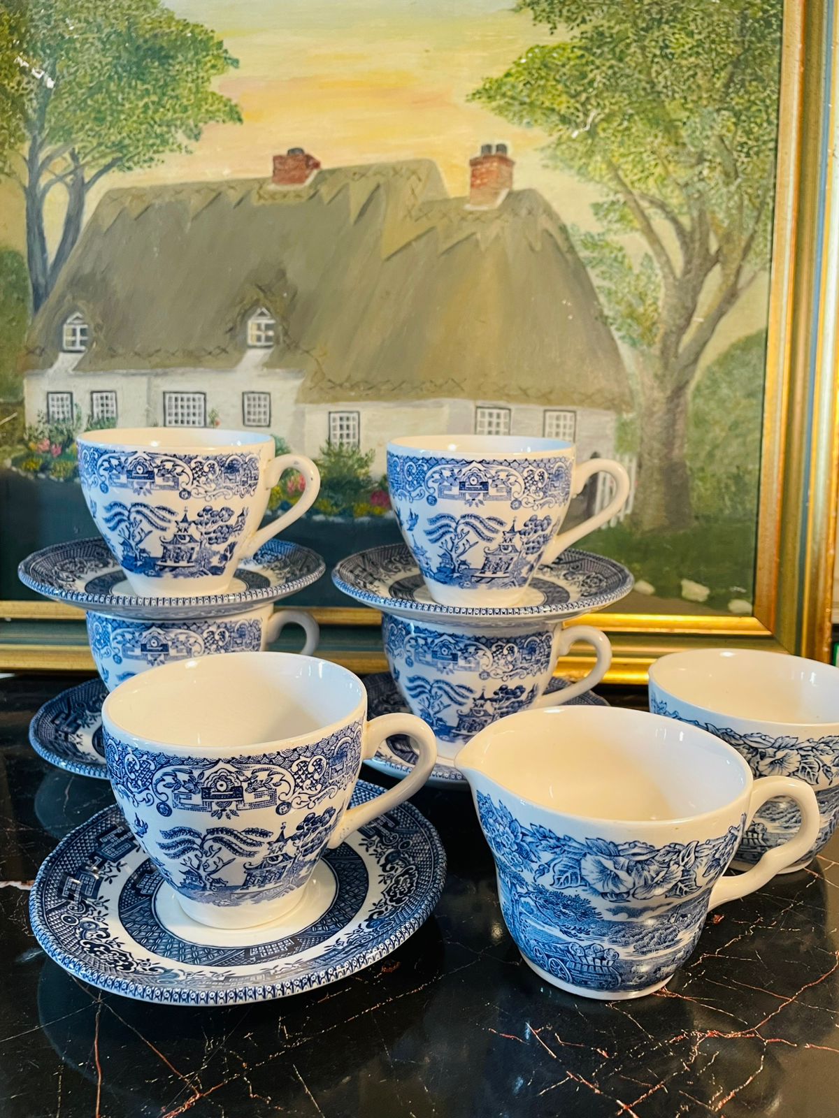 Blue Willow England Blue & White Tea Set – 5 Cups, 5 Saucers – Made in England