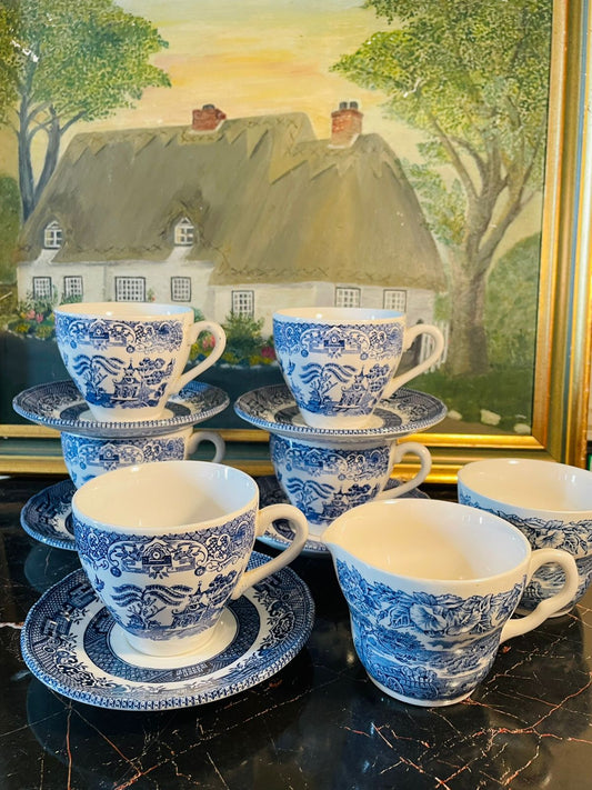 Blue Willow England Blue & White Tea Set – 5 Cups, 5 Saucers – Made in England