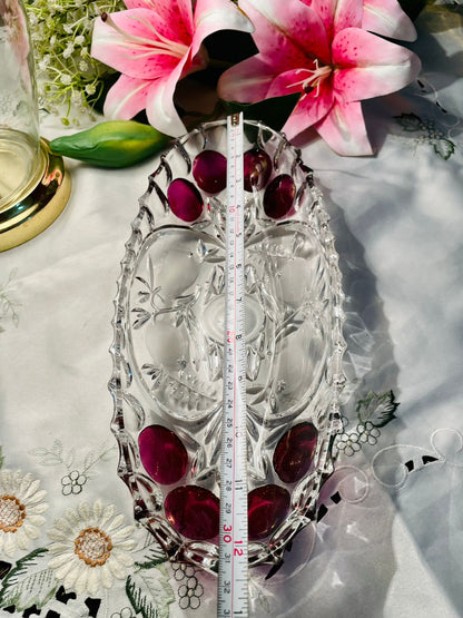 Clear Crystal Oval Serving Dish with Ruby Accents 12 in