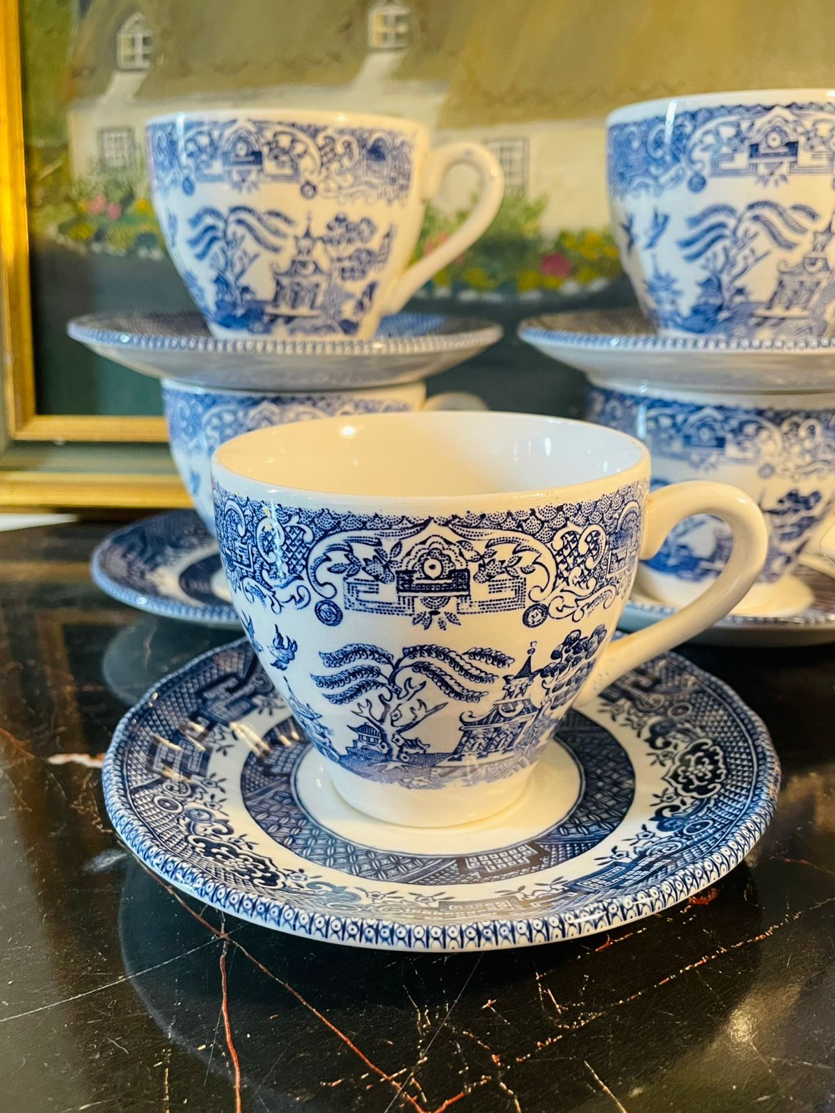 Blue Willow England Blue & White Tea Set – 5 Cups, 5 Saucers – Made in England