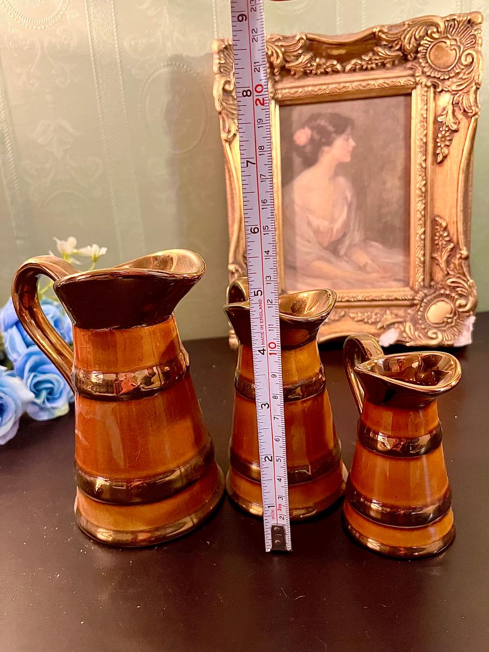 Amber jugs with ruler showing sizes from small to large