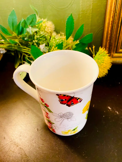 Butterfly & Wildflower Ceramic Mug 4 Inch Botanical Tea Coffee Cup