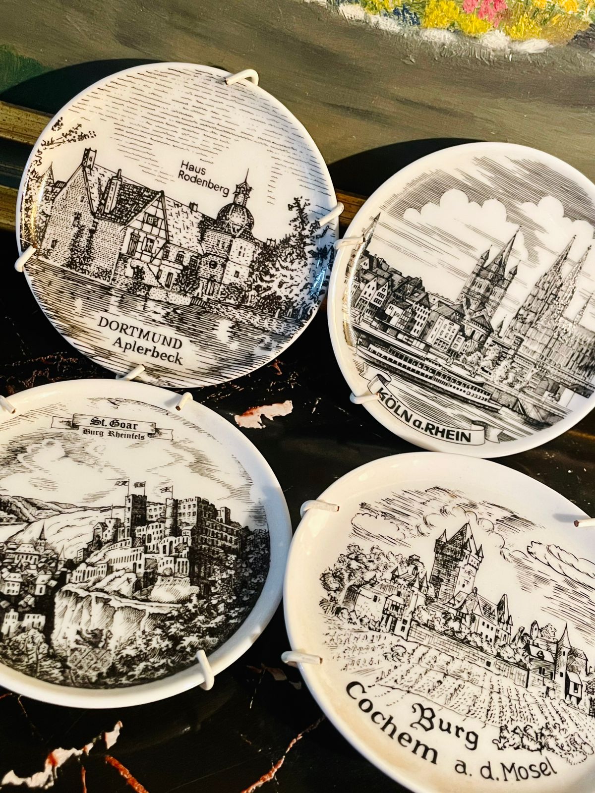 Vintage German Souvenir Porcelain Decor Plate – Mini wall decor plate - Black & White City & Castle Illustrations